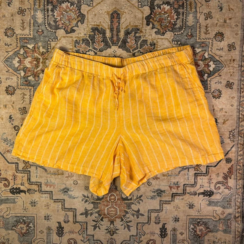 Lands End Yellow Striped 100% Linen High Rise Pull On Shorts Plus Size 3X Beach
